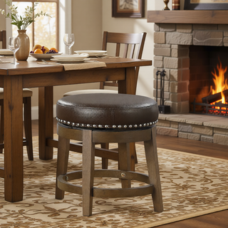 Sunvega Gray Faux Leather Swivel Stools with Nailhead Trim and Solid Wood Frame