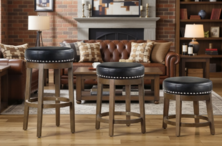 Sunvega Gray Faux Leather Swivel Stools with Nailhead Trim and Solid Wood Frame