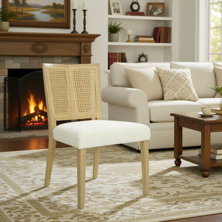 Sunvega Mid-Century Modern Rattan Dining Chairs with Upholstered Seats Set of 2