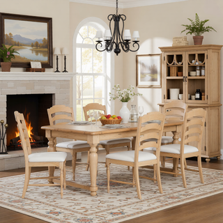 Sunvega Vintage Traditional Upholstered Dining Bench with 6 Solid Wood Legs Natural