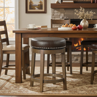 Sunvega Gray Faux Leather Swivel Stools with Nailhead Trim and Solid Wood Frame