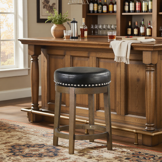 Sunvega Gray Faux Leather Swivel Stools with Nailhead Trim and Solid Wood Frame