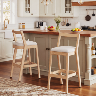 Sunvega Dark Brown Rubberwood Barstool with Beige Upholstery and Thick Cushioned Seat Set of 2