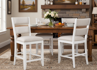 Sunvega Transitional White Finish Upholstered Counter-Height Dining Bench with Linen Look Fabric