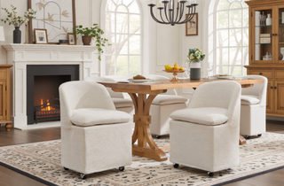 Sunvega Chenille Fabric Dining Arm Chair with Upholstered Back Cushion and Universal Wheels