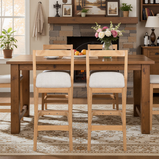 Sunvega Dark Brown Rubberwood Barstool with Beige Upholstery and Thick Cushioned Seat Set of 2