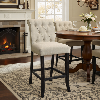 Sunvega Set of 2 Beige Chenille Upholstered Counter Height Chairs with Rustic Oak Legs