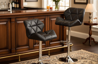 Sunvega Blue PU Leather Diamond-Tufted Swiveling Adjustable Height Bar Stools Set of 2
