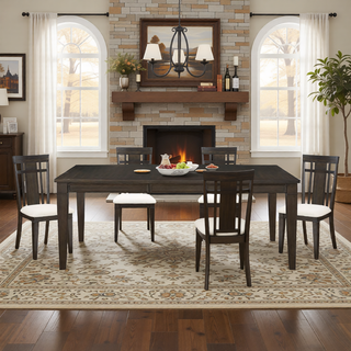 Sunvega Dark Brown Finish Wooden Dining Bench with Beige Fabric Upholstered Seat