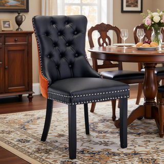 Sunvega Modern Tufted PU and Velvet Upholstered Dining Chair with Wood Legs and Nailhead Trim
