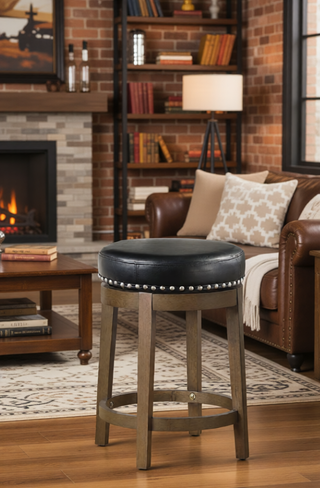 Sunvega Gray Faux Leather Swivel Stools with Nailhead Trim and Solid Wood Frame