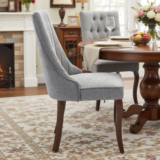 Sunvega Blue Rayon Cloth Flocking Linen Dining Chairs with High Backrest and Solid Wood Legs, Set of 2