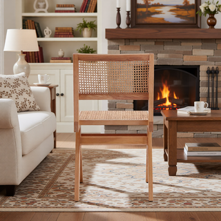 Sunvega Modern Cane Dining Chairs with Square Backrest in Black and Natural Set of 2