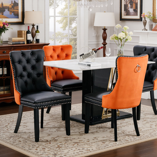 Sunvega Modern Tufted PU and Velvet Upholstered Dining Chair with Wood Legs and Nailhead Trim