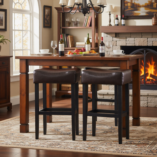 Sunvega 30-Inch Brown Faux Leather Backless Bar Stool with Sturdy Rubberwood Legs