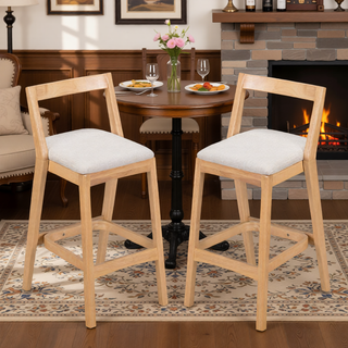 Sunvega Dark Brown Rubberwood Barstool with Beige Upholstery and Thick Cushioned Seat Set of 2