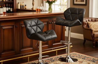 Sunvega Blue PU Leather Diamond-Tufted Swiveling Adjustable Height Bar Stools Set of 2