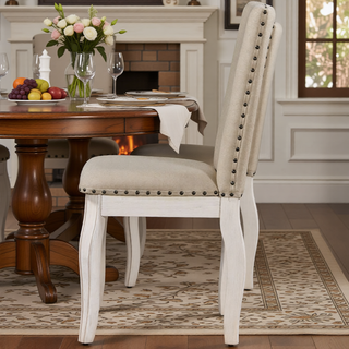 Sunvega Set of 4 Natural Wood Wash Upholstered Fabric Dining Chairs with Nailhead Trim