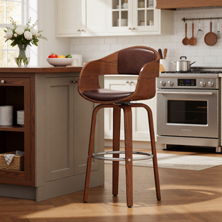 Sunvega Mid-Century Modern Swivel Barstool with Faux Leather Upholstery and Walnut Frame