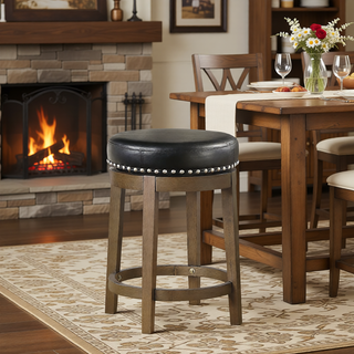 Sunvega Gray Faux Leather Swivel Stools with Nailhead Trim and Solid Wood Frame