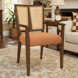 Sunvega Mid-Century Modern Cane Back Arm Dining Chairs with Upholstered Seat Set of 2