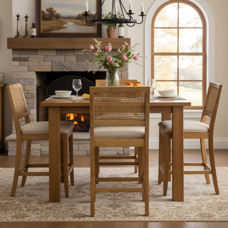 Sunvega Full Solid Wood Rattan-Back Bar Stool with Matte Linen Cushion for Kitchen Island