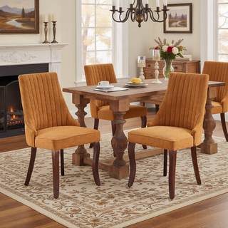 Sunvega Blue Rayon Cloth Flocking Linen Dining Chairs with High Backrest and Solid Wood Legs, Set of 2