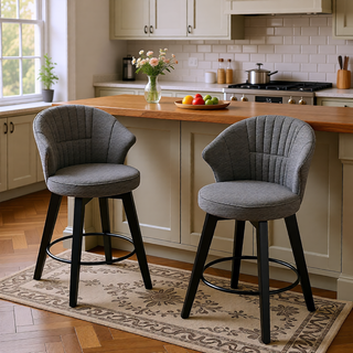 Sunvega 360 Swivel Bar Stools Set of 2 with Solid Wood Legs and Chenille Upholstery