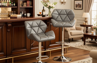 Sunvega Blue PU Leather Diamond-Tufted Swiveling Adjustable Height Bar Stools Set of 2