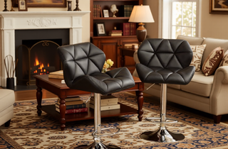 Sunvega Blue PU Leather Diamond-Tufted Swiveling Adjustable Height Bar Stools Set of 2
