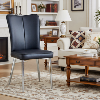 Sunvega Modern Black PU Chairs with Ergonomic Backrest and Metal Legs for Living Room