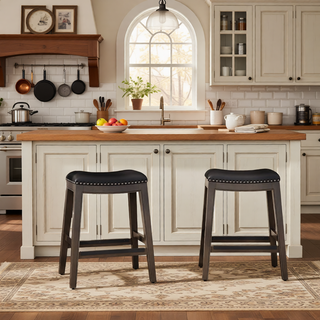 Sunvega Natural Finish Saddle Leather Seat Counter Stool with Footrest and Nail Head Trim
