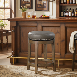 Sunvega Gray Faux Leather Swivel Stools with Nailhead Trim and Solid Wood Frame
