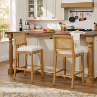 Sunvega Full Solid Wood Rattan-Back Bar Stool with Matte Linen Cushion for Kitchen Island