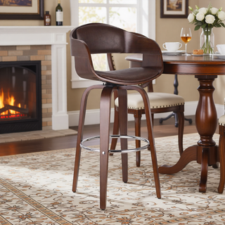Sunvega Mid-Century Modern Swivel Barstool with Faux Leather Upholstery and Walnut Frame