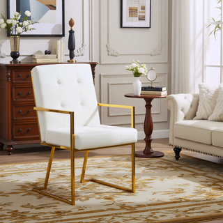 Sunvega Modern Linen Dining Arm Chair with Tufted Design and Gold Metal Base