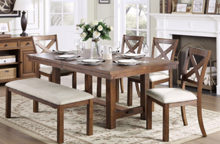 Sunvega Transitional Brown Finish Wood Frame Dining Bench with Beige Upholstered Seat