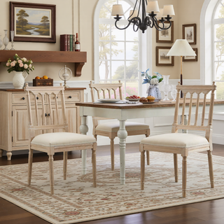 Sunvega French Style Solid Wood Frame Linen Fabric Oval Back Dining Chairs Set of 2