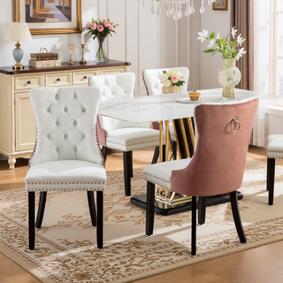 Sunvega Modern Tufted PU and Velvet Upholstered Dining Chair with Wood Legs and Nailhead Trim