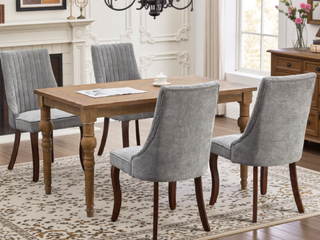 Sunvega Blue Rayon Cloth Flocking Linen Dining Chairs with High Backrest and Solid Wood Legs, Set of 2