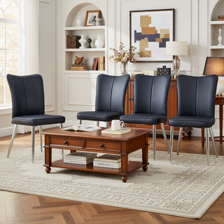 Sunvega Modern Black PU Chairs with Ergonomic Backrest and Metal Legs for Living Room