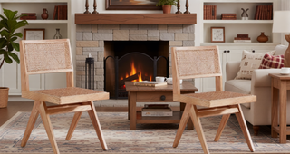 Sunvega Modern Cane Dining Chairs with Square Backrest in Black and Natural Set of 2
