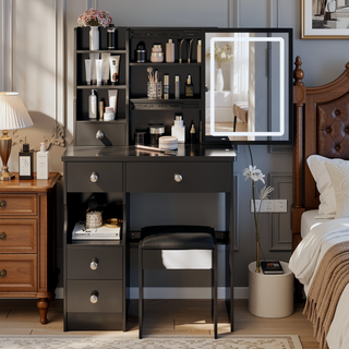 Sunvega Small Size Left Drawer Desktop Vanity Table with Cushioned Stool and Adjustable LED Mirror
