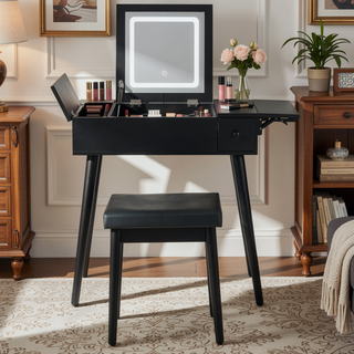 Sunvega 27.9" Black Makeup Vanity Desk with Flip Top LED Mirror and Charging Station
