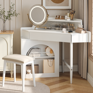 Sunvega White Corner Makeup Vanity Desk With Folding Mirror LED Lights And Stool