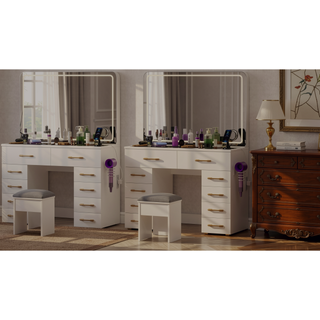 Sunvega White Glass Top Vanity Desk with 10 Drawers and Lighted Mirror