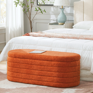 Sunvega Modern Oval Upholstered Boucle Teddy Fabric Storage Ottoman Bench with Safety Hinge