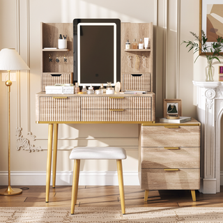 Sunvega 7-Drawer Vanity Desk with LED Mirror Jewelry Storage and PU Stool