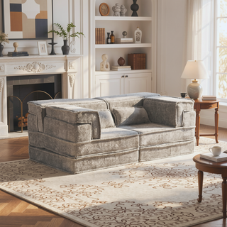 Sunvega Convertible Modular Sectional Mahjong Sofa Bed with Ottoman in Circle Fleece Fabric