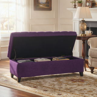 Sunvega Blue Fabric Storage Ottoman with Birch Legs for Living Room Seating